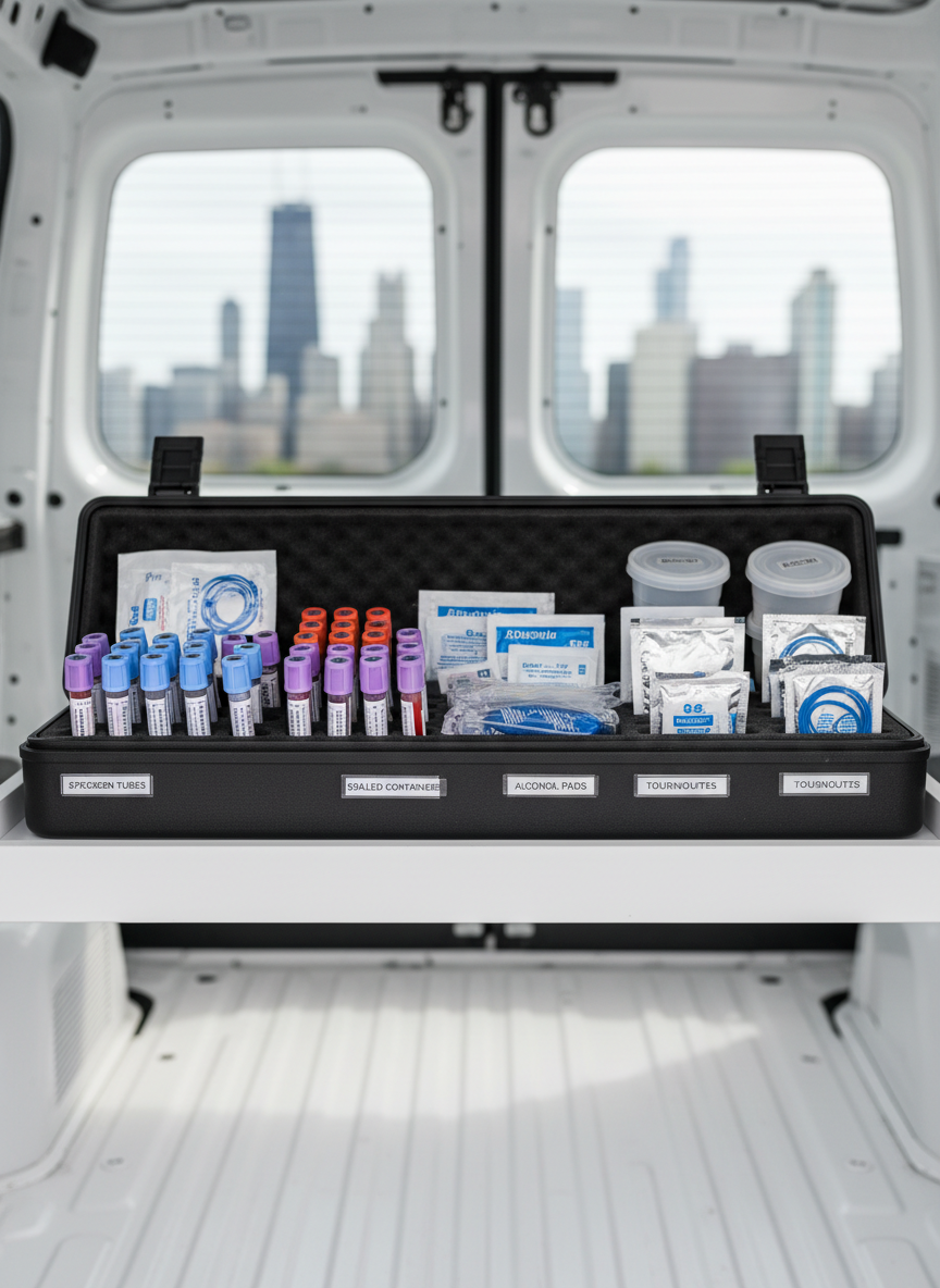 A neatly arranged mobile phlebotomy kit laid open on the back shelf of a spotless white cargo van, showing labeled specimen tubes, sealed collection containers, alcohol prep pads, and tourniquets organized in foam-lined compartments. The van interior is clean and well-lit, with subtle hints of Chicago’s skyline visible through the rear windows, blurred in the background. Soft daylight filters in from the open doors, creating gentle reflections on the plastic and stainless-steel surfaces. Photographic realism at eye level, with a shallow depth of field that keeps the equipment in crisp focus while the exterior city environment fades into a calm, professional blur, conveying reliability and clinical precision.